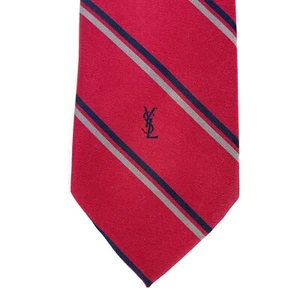 Vintage YSL Yves Saint Laurent Red Blue Gray Striped Mens Tie - Picture 1 of 8