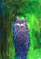 ACEO ORIGINAL ACRYLIC artistic EXPRESSIVE BLUE Cat Painting MINIATURE NAIVE ART