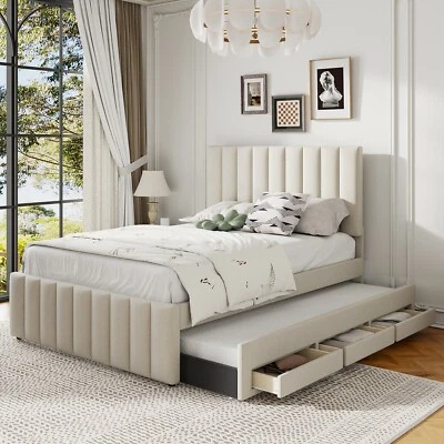 Full Size Bed Frame Upholstered Platform Bed with Pull Out Trundle & 3 Drawers - Image 1 of 4