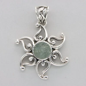 Natural Cut Blue AQUAMARINE Star / Sun Pendant Rough - 925 STERLING SILVER #49e - Picture 1 of 9