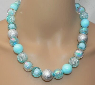 Halskette Perlen Mix Perlmutt glänzend crash 12-18mm Türkis Silber 407i - Bild 1 von 4