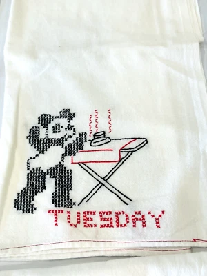 Vtg Embroidery Hand Stitch Kitchen Dish Towel Day of the Week Tuesday - Panda - Image 1 of 3