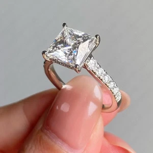 3.30 TCW Princess Moissanite Hidden Halo Engagement Ring In 14K Solid White Gold - Picture 1 of 6