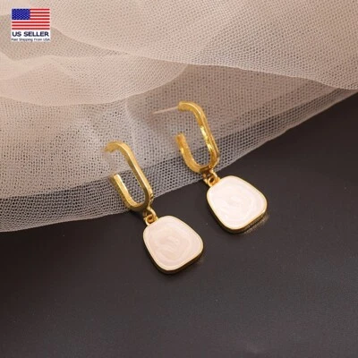 Moda Mujeres Pendientes Plata de Ley 925 Blanco Esmaltado Mármol Cuadrado Tachuela 1550 Foto 1 de 4