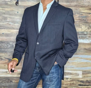 Saks Fifth Avenue Canada Wool Gray Striped Dual Vent Blazer Sport Jacket 44L - Picture 1 of 10