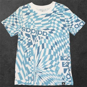 adidas Logo Short Sleeve T-shirt Boys S LT Blue 465 Geometric Crew Neck - Picture 1 of 2
