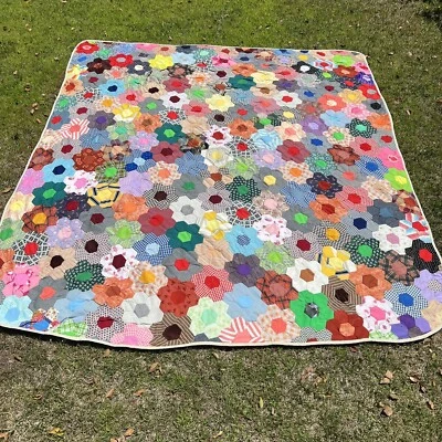 VTG Grandmother Garden Patchwork Hexagon Flower Quilt Retro 89x96 Colorful Boho - Image 1 of 4