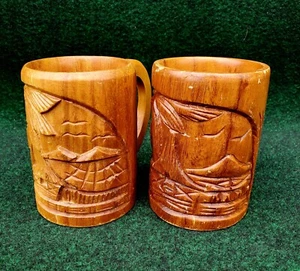 Vtg Tiki Wood Mugs Set Of 2 Hand Carved From Hawaii 1970's Monkey Pod Island - Picture 1 of 17