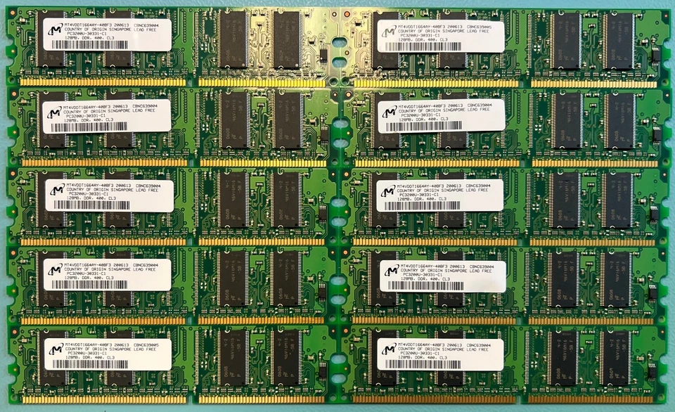 LOT OF 10 Micron MT4VDDT1664AY-40BF3 128MB PC3200 DDR-400MHz DIMM - Image 1 of 1