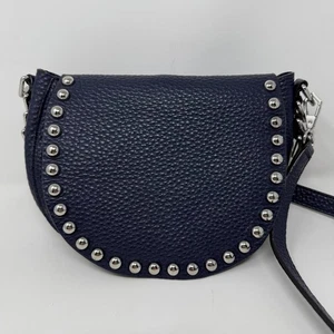 Rebecca Minkoff Half Moon Studded Leather Unlined Saddle Bag Navy Blue Biker - Picture 1 of 6