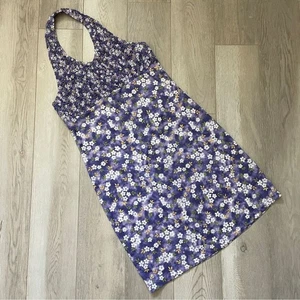 Y2K Halter Dress NWT floral popcorn scrunch mini womens Purple (medium) colorful - Picture 1 of 7