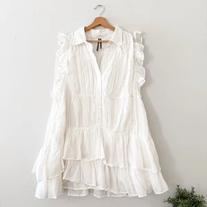 Anthropologie ärmelloses V-Ausschnitt Knopf Rüschen Flatter Minikleid weiß XL - Bild 1 von 4