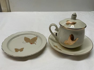 3 Piezas Takahashi Mariposa Porcelana Tapa Azúcar/Platillo/Plato-Decorado a Mano Foto 1 de 4