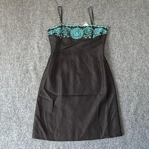 Ann Taylor Black Dress Turquoise Embroidery Spaghetti Strap Cocktail Party 6P - Picture 1 of 9