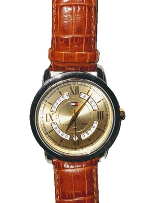 Tommy Hilfiger Men Gold Dial Tan Leather Stainless Steel Calendar Watch - Image 1 of 4