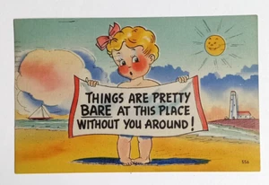 Postal de cómic de humor de playa Things Are Pretty Bare de lino de la década de 1940 - Imagen 1 de 2