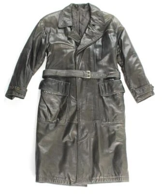 vtg LA MATTA Overcoat LEATHER Men Medium M Quilted Lining Black LaMatta Trench - Image 1 of 4