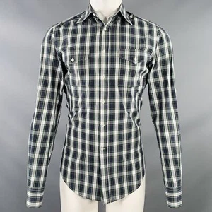 MICHAEL BASTIAN Size S Navy White Green Plaid Cotton Roll Tab Long Sleeve Shirt - Picture 1 of 6