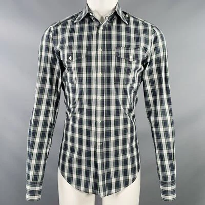 Camisa manga larga MICHAEL BASTIAN talla S azul marino blanco verde a cuadros algodón lengüeta enrollable Foto 1 de 4