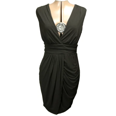 Venus Faux Wrap V-Neck Sleeveless Mini Dress Ruched Waist Lined Stretchy Black S - Image 1 of 4