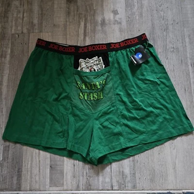 NWT MENS JOE BOXER Merry X-mas SANTA'$ $TA$H  BOXER SHORTS  SIZE XL  Green FUN - Image 1 of 4