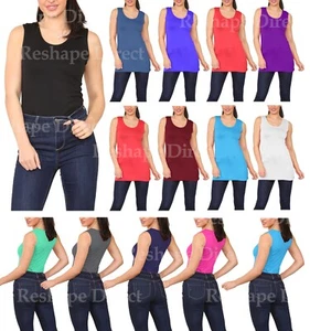 Womens Scoop Neck T-Shirt Ladies Sleeveless Long Stretch Plain Vest StrappyTop - Picture 1 of 17