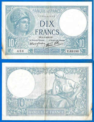 France 10 Francs 1939 6 April Serie V Minerve Europe Frcs Frc Free Ship Wld - Image 1 of 3