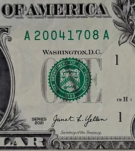 2021 $1 bill fancy serial, 21st birthday date note 20041708, August 17, 2004 - Picture 1 of 3