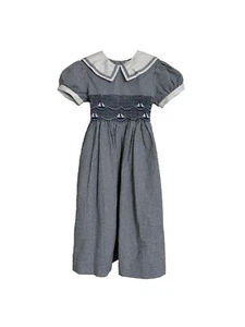 Rare Edition Girls Dress Size 6 Blue White Seersucker Nautical Smocking Sailboat - Picture 1 of 10