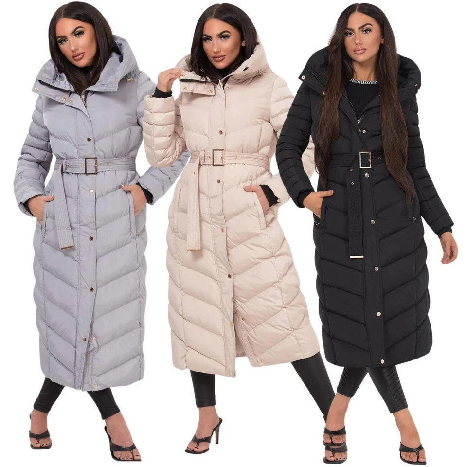 JESS Ladies Long Puffer Down Coat With Belt Black Gold Winter  Water-Resist 8-16 - Image 1 of 1