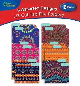 New Generation - 12 Pack Decorative 1/3 Cut Tab File Folders Patterns Designs . - Picture 1 of 8