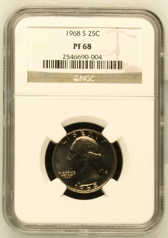 "1968 S United States 25C Washington Quarter NGC Graded PF 68 Rare Proof Coin" Cover