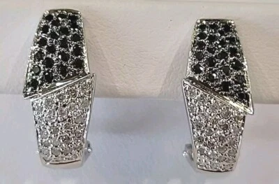 14kt White Gold Omega Back Earrings w/ Black & White Diamonds - Image 1 of 4