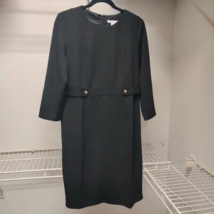 London Times Little Black Dress Sheath Career Office Gold Button Accents Sz 14 P - Picture 1 of 3