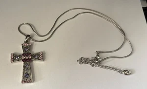 Elegant Crystal Shades 2” Tall Silver Tone Cross Pendant 16” Chain Necklace  - Picture 1 of 6