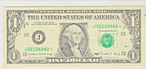 $1 1988 Star Note serial no J 02126962 - Picture 1 of 2