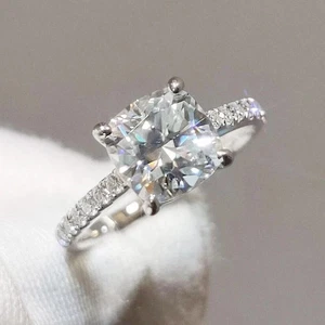 3.10 CTW Cushion Cut VVS1/D Moissanite Engagement Ring 14K White Gold Plated - Picture 1 of 8