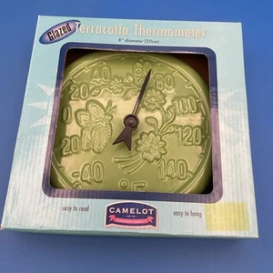 Green Glazed Terra Cotta Thermometer 8" Round Flowers Butterfly Indoor Outdoor - Picture 1 of 15