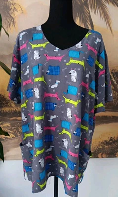 2XL Zoe & Chloe Vet Tech Dog Groomer Scrub Top Gray with Multicolor Dogs V-neck - Image 1 of 4