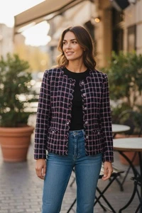 Blazer negro tweed hecho a mano para mujer chaqueta boucle multicolor a cuadros S/M - Imagen 1 de 6