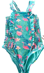 Tommy Bahama  Flamingo Swimsuit girl 7y aqua , ruffles, elastic smocked sides - Picture 1 of 3