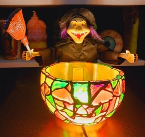 Gothic Horror Halloween Stained Glass Design Jack O'Lantern x Witch LampLighting - Picture 1 of 7