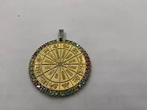 Vintage Zodiac Wheel Astrological Pendant With Multicolor Rhinestones - Picture 1 of 4