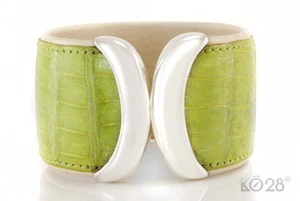 Brazalete Brazalete Cuero Cocodrilo 925/- Plata Verde Claro 42mm Ancho (20410) - Imagen 1 de 6
