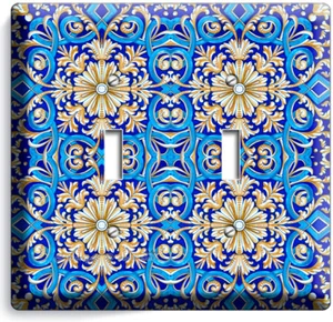 BLUE ITALIAN HAND PAINTED TILE LOOK LIGHT DOUBLE SWITCH WALL PLATE KITCHEN DECOR - Picture 1 of 1