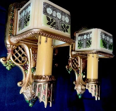 30s Art Deco GILL Glass Rosemont Vaseline Slip Shade Heavy Brass Wall Sconces X6 - Image 1 of 4