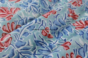 By Yard Blue Hand Block Print Cotton Voile Fabric Sewing Indian Cotton Fabric - Picture 1 of 3