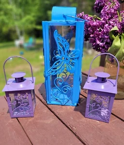 Lantern Luminaries Tea Light Taper Candle Holder Set of 3 Metal Glass Butterfly - Picture 1 of 10