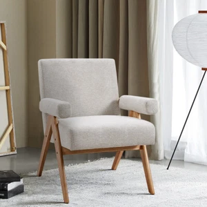 Modern Accent Chair Wooden Armchair Living Room Linen Fabric Reading Chair Sofa - Picture 1 of 29