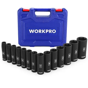 WORKPRO 1/2''Drive Deep Impact Socket Set 6-Point Impact Deep w/Storage Case14pc - Picture 1 of 8